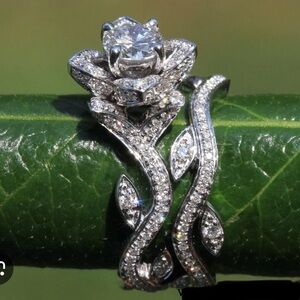 Lotus flower diamond engagement ring and wedding band